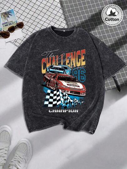 Camiseta gráfica de carreras callejeras para hombres, ligeramente elástica, negra desgastada de cuello redondo y manga corta, para uso casual diario