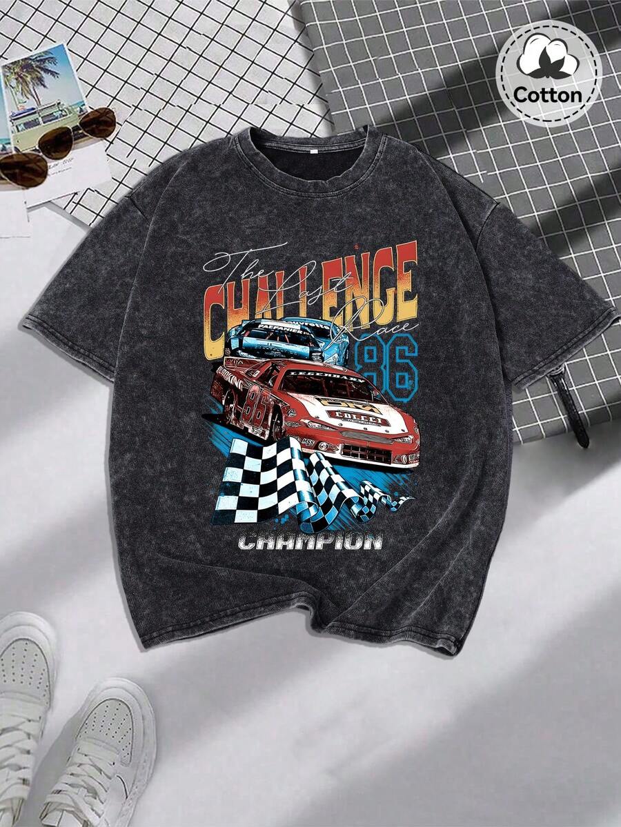 男士街头赛车图案T恤，略带弹力做旧黑色圆领短袖T恤，休闲日常穿着 - 黑色 - 查看 1