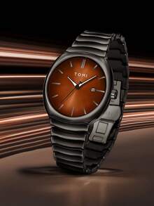 TOMI Men's Watch With Star Brooch & Ring Set, Zinc Alloy Strap, Round Dial Quartz Watch, Gift Box, Suitable For Daily Life, Business Events, Father's Day, Valentine's Day, Christmas - Black - View 3