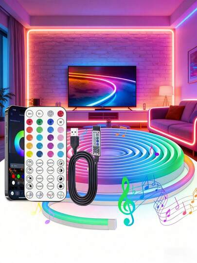 Tira de luz de neón de 5 m con control remoto de aplicación, tira de luz de neón RGB inteligente, alimentada por USB, control remoto de 44 teclas, función de sensor de activación por voz, sincronización de música, cambio de color multicolor LED para juegos, decoración navideña y iluminación ambiental, tira de luz de decoración para televisión, tira de luz de decoración de pared, tira de luz de decoración del hogar, tira de luz de decoración de habitación, tira de luz de decoración de hadas, tira de luz de decoración de cumpleaños