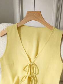 2pcs/Set Solid Color Casual Knotted Women Outfit, Spring/Summer Elegant - Pale Yellow - View 6