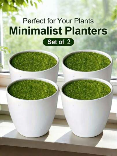 2个装现代白色塑料花盆，带人造草坪 - 多用途室内/室外装饰，非常适合种植人造花卉和植物，适用于婚礼、餐桌布置和节日（圣诞节）装饰 - 轻巧便携，是圣诞节装饰的最佳选择