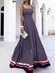 新款春夏休闲优雅度假女士长裙：藏蓝色鱼鳞印花，吊带方领A字廓形，适合度假/轻度晚宴/聚会