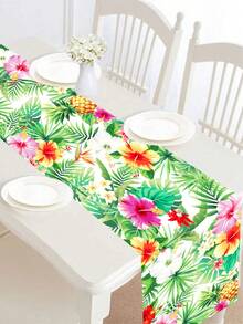 1pc Hawaiian Style Table Runner, Polyester Floral & Palm Leaf Pattern Table Runner, Hawaiian Theme Party Table Cloth, Holiday Birthday Wedding Party Decor Table Cloth, Summer Indoor Outdoor Party Supplies - Hawaiian Flowers - View 12