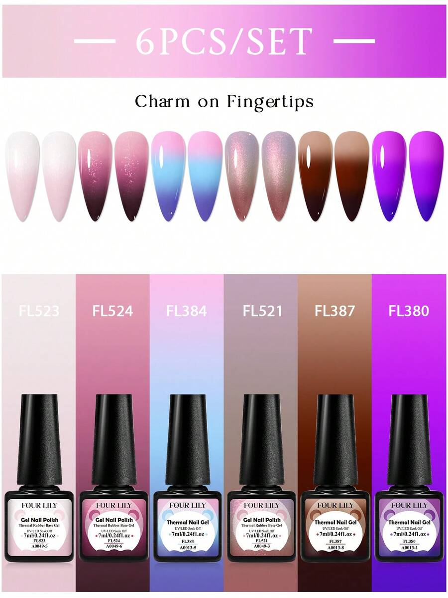 FOUR LILY 7ml 6Pcs Thermal Gel Nail Polish Set Color Changing Soak Off UV LED Semi Permanent Varnish Hybird Manicure Home Salon Kit - Multicolor - View 1