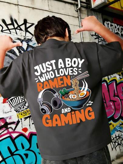 Tween Boy "Just A Boy Who Loves Ramen And Gaming" Funny Slogan, Ramen & Gaming Console Cartoon Print T-Shirt, Soft And Comfortable Fabric, Suitable For Boys Outdoor Sports, Daily Wear, Streetwear, Campus Style, Fashionable Casual Top For Spring/Summer