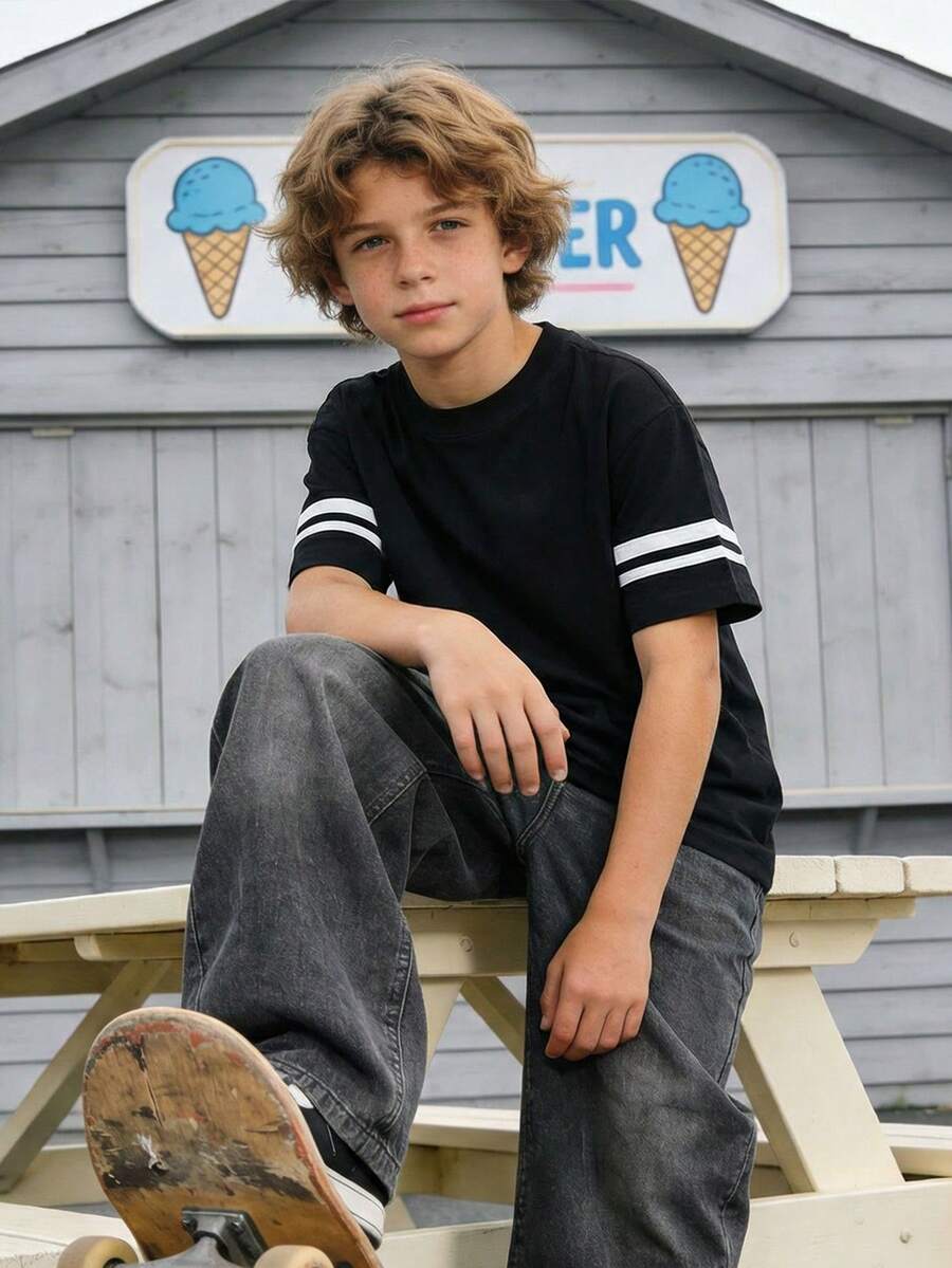 1pc Tween Boys' Fashionable Casual Contrast Stripe Splice Round Neck T-Shirt, Comfortable High Street Commuting - Black - View 1
