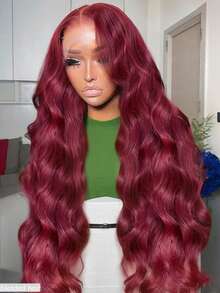 10-36英寸水波纹蕾丝前假发，真人混纺发丝，预先拔毛，无胶假发；13x4高清水波纹蕾丝前假发，真人混纺发丝，女士款，180%密度蕾丝闭合假发，99J酒红色 - S99J/BUG - 查看 2