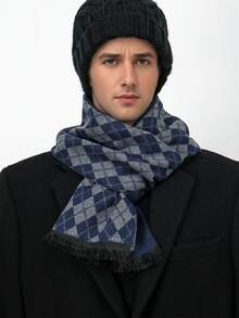 1pc Classic Geometric Plaid Print Warm Thick Scarf, Unisex Fashion Casual Couple Neck Warmer, Suitable For Daily Wear, Autumn/Winter - Royal Blue - View 3