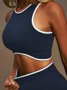 VVX 女士健身套装两件套，撞色拼接露背运动文胸，带可拆卸胸垫，收腹提臀，高腰紧身裤，无缝瑜伽服套装，撞色滚边，适合健身房、运动、休闲日常穿着，四季皆宜 - 藏蓝色 - 查看 6