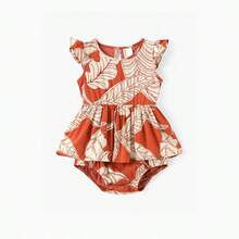 PatPat Family Matching Outfits Coral Leaf Print Halter Dress Or Short-Sleeve Shirt Set Summer  Vacation Collection - 紅色 - 查看 4