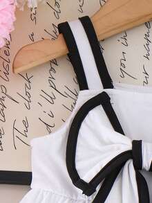 Baby Girls' Sweet Minimalist Black & White Contrast Bow Decor Waist Strap Dress, Summer - White - View 3