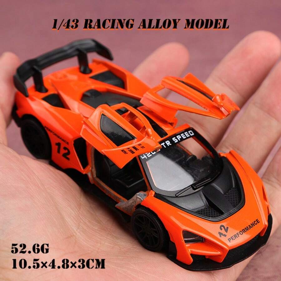 1件裝 1/43比例單色賽車，適合男孩，鋅合金材質，壓鑄運動賽車玩具，合金壓鑄玩具車，運動賽車模型，橙色，雙側鷗翼門可開啟