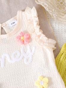 2pcs Baby Girls Cute Fresh Knitted Flower White Top + Yellow Pants Set, Lightweight Summer - Yellow - View 3