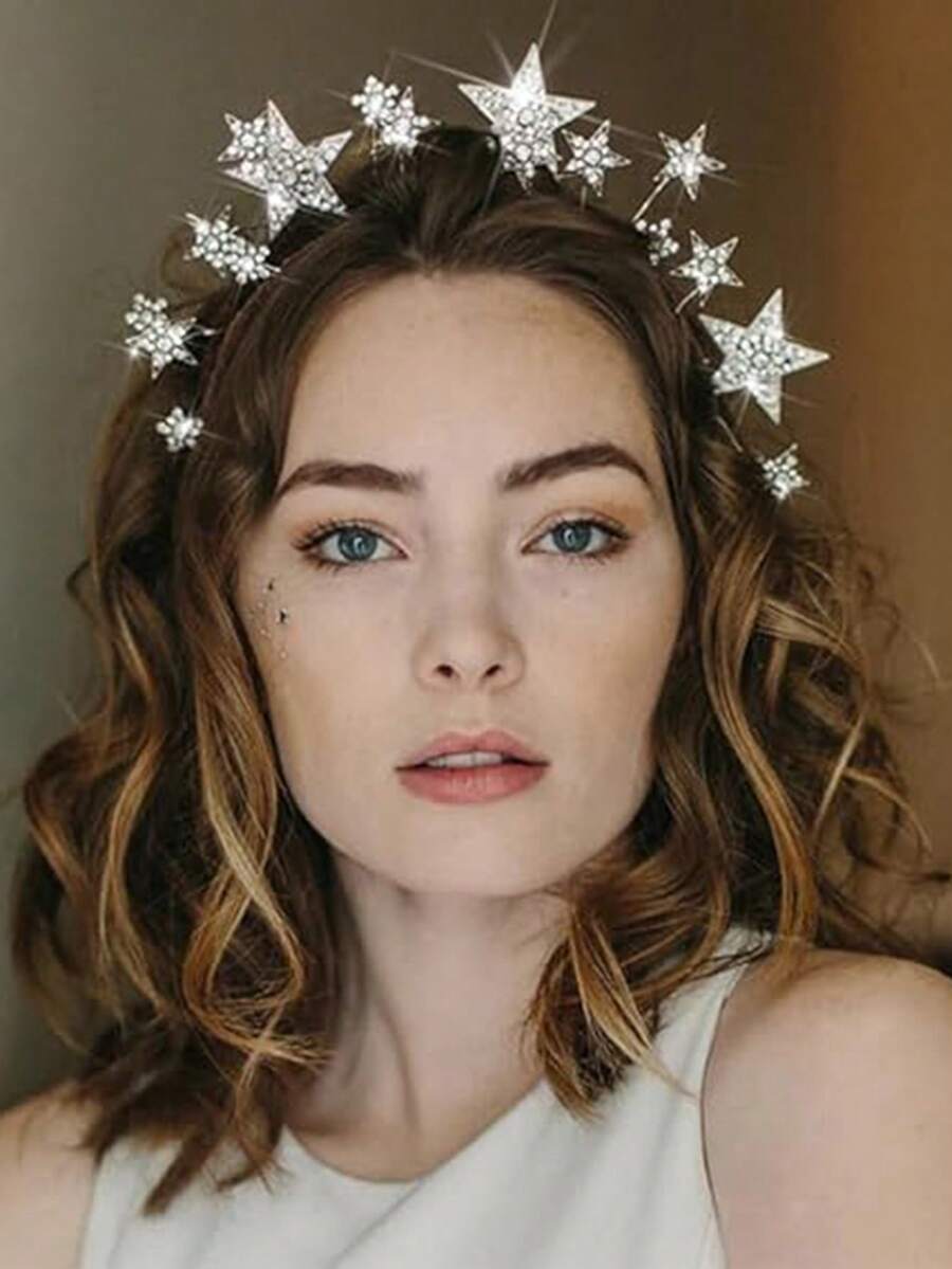 10/5/1 pieza Diadema de metal 3D en forma de estrella, minimalista y práctica, multifuncional. Adecuada para que las mujeres la usen en festivales, bodas y fiestas. - Plateado - Ver 1
