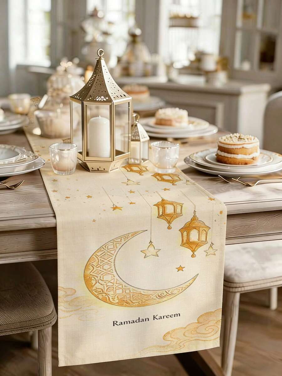 Față de masă reutilizabilă pentru bucătărie, decorată cu stele, luni, felinare Fanoos și modele de binecuvântare de sărbători, în stil Ramadan. Fabricată din material textil de in, ideală pentru decorarea mesei de acasă, decorarea petrecerilor, decorarea sărbătorilor și accesoriile de sărbători. Disponibilă în mai multe dimensiuni, potrivită și ca cadou. - Multicolor - Vizualizare 1