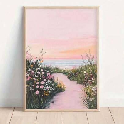 1pc Vintage Coastal Beach Poster - Soft Pink Wild Flowers & Ocean Landscape Painting, Featuring Pink, Peach And Green Tones - Canvas Wall Art, Suitable For Living Room, Bedroom, Office - Unframed Decorative Painting, Suitable For Housewarming, Wedding, Birthday Etc. - Indoor/Outdoor Use - Coastal Home Decor, Sunset Seascape, Artistic Craft, Bedroom Aesthetics, Romantic Design, High Quality Ink