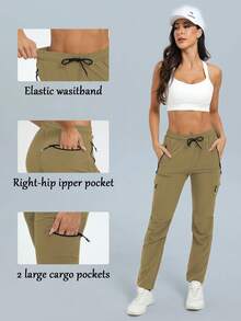 Women Hiking Lightweight Thin Pants Quick Dry Travel Golf Cargo Safari Pants Zipper Pockets - Camel - View 4