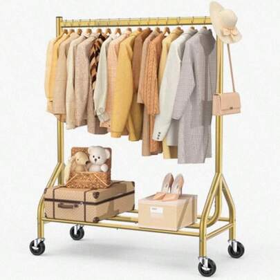 Perchero de ropa EAGMAK de carga pesada de 420 LBS con ruedas giratorias con , organizador de ropa de metal con estantes, armario portátil, perchero de abrigos resistente de color dorado