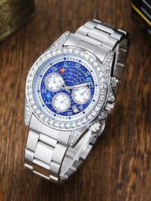 1pc Men's Luxury Twelve Constellation Planet Fully Iced-Out Luminous Analog Watch With Stainless Steel Waterproof Strap