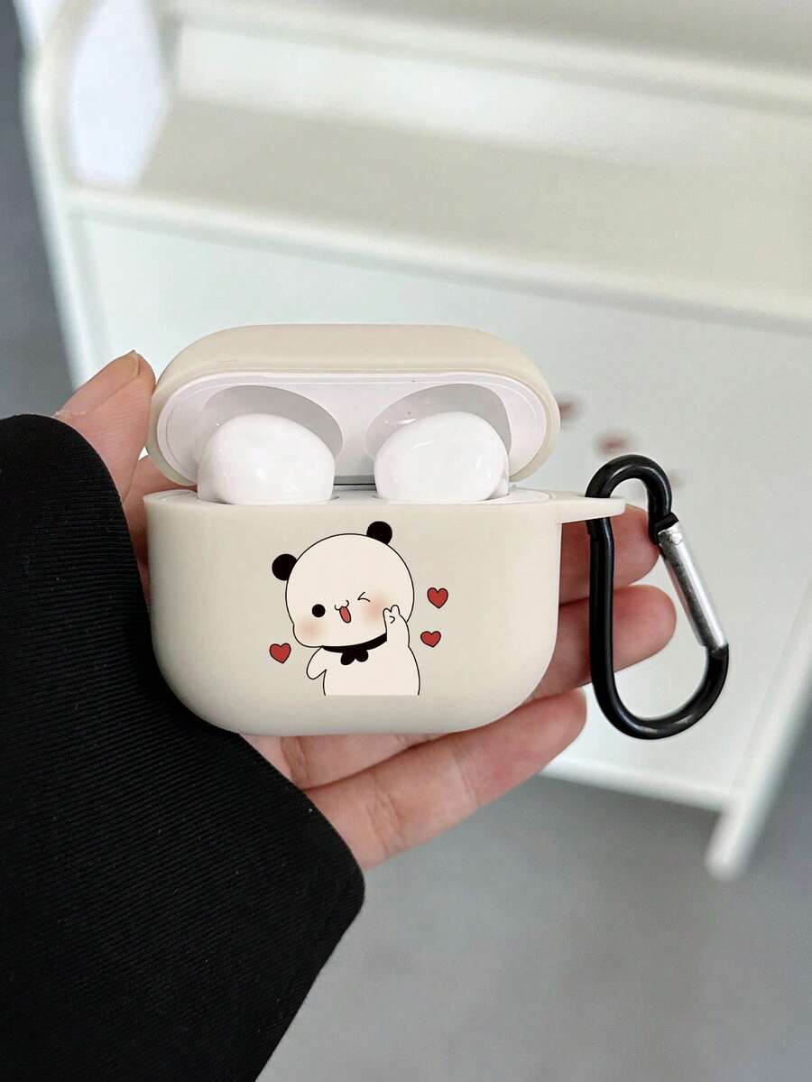 1pc Cute Bear Print Matte White Protective Case With Black Hook, Compatible With Apple Bluetooth Earphones (Case Only, Earphones Not Included) - Beige - View 1