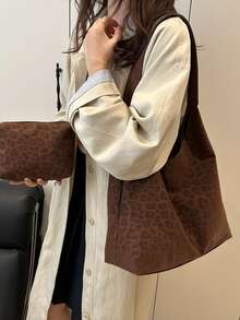 1pc Women's Fashionable Crescent Shaped Woven PU Leather Shoulder Bag With Coin Purse - Coffee - View 4