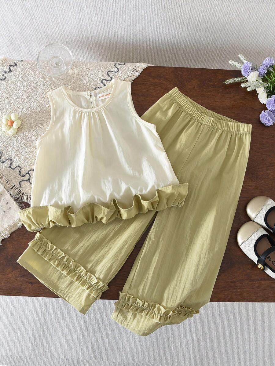 bearleader 2pcs Girls Outfit, Sleeveless Patchwork Top Paired With Solid Color Pants, Casual Wear For Girls Aged 3-7 - 黃色 - 查看 1