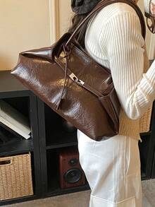 Túi xách cỡ lớn FEISTURE PU màu trơn, có quai đeo, thời trang dành cho nữ, khóa nam châm, phù hợp cho nữ sinh, phụ nữ, sinh viên đại học, người trẻ làm việc chuyên nghiệp, tuyệt vời cho công việc, kinh doanh, đi làm, đi học. - Cà phê - Xem 8