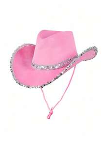 1pc Women's Autumn Party Rhinestone Pink Crown Cowboy Hat, Halloween Feather Edge Festival Party Hat Suitable For Daily Wear - Multicolor - View 16
