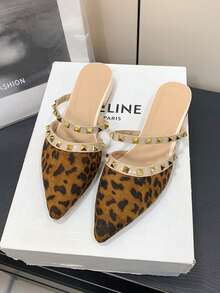 Women's Flat Slip-On Shoes With Studs, Chunky Heel, Closed Toe, Half-Backless, New Style For Outdoor Wear, Pointed Toe, Low Heel, Rhinestone PU Leather Soft Skin Mule Shoes - Camel - View 12