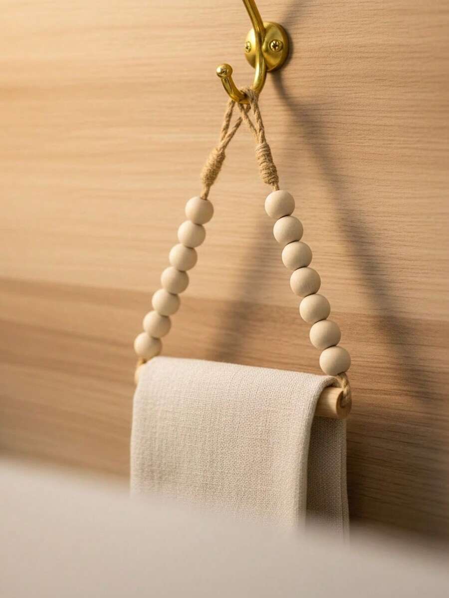 1/2pcs Wall Mounted Toilet Paper Holder, Bathroom Towel Rack, Creative No-Drill Bathroom Storage Organizer, Handwoven Wooden Bead Towel Rack, Retro Toilet Paper Holder (Suitable For Rental Apartments), Home Decor