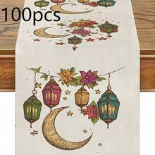 1 Set Ramadan Theme Table Runner, Minimalist Ramadan Pattern Design, Hand-Painted Crescent Moon & Lantern Motif, Polyester Rectangular Tablecloth, Suitable For Kitchen, Dining Room, Party & Home Decor, Rural Festival Decoration, Available In Multiple Sizes, An Ideal Gift - Multicolor - View 10
