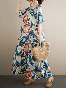 Đầm mùa hè phong cách Bohemian dành cho nữ năm 2026, đầm đi nghỉ mát cỡ lớn, cổ tròn tay ngắn, vải dệt in họa tiết mùa hè, gấu đầm thông thường có túi, đầm đi biển ôm dáng thanh lịch. - Màu xanh hải quân - Xem 3