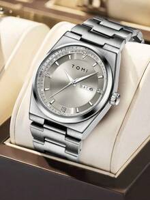 TOMI 男士腕表，配有表冠胸针、戒指、拆卸工具，简约设计，圆形表盘镶嵌钻石，锌合金表带，石英机芯，礼盒包装，适合日常生活、商务场合、父亲节、情人节、圣诞节等场合佩戴。 - 銀色 - 查看 4