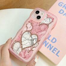 1pc Fashionable Wavy Irregular Protective Phone Case With Heart & Marble Pattern, Compatible With IPhone 17 Air/17 Pro/17 Pro Max/17/16e/16/15/14/13/12/11/X/XR/8/7, Galaxy A14/A15/A54/S24/S24 Ultra Series - Pink - View 1