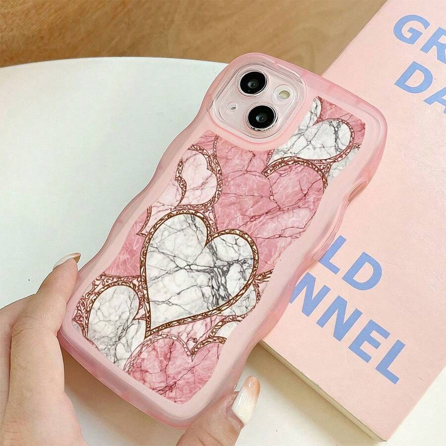 1pc Fashionable Wavy Irregular Protective Phone Case With Heart & Marble Pattern, Compatible With IPhone 17 Air/17 Pro/17 Pro Max/17/16e/16/15/14/13/12/11/X/XR/8/7, Galaxy A14/A15/A54/S24/S24 Ultra Series - Pink - View 1