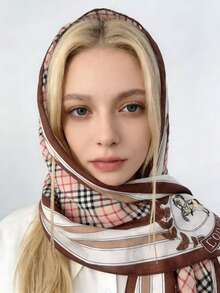 1条棕色印花马图案围巾，精致透气的女士长围巾，适合作为礼物送给女孩，也适合派对搭配。 - 棕色 - 查看 5