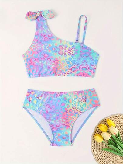 Tween Girl Leopard Print Bow Decor Tankini Swimsuit Set, Suitable For Vacation, Beach