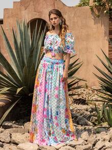 Faeriesty 2-Piece Elegant Open Shoulder Outfit: Embroidered Cropped Top With Ruffle Trim; High-Waisted Printed Maxi Skirt With Elastic Drawstring Waist; Mixed Prints; Lightweight And Flowing Fabric - Perfect For Destination Wedding Guest, Boho Bride Photoshoot, Garden Party, Vacation, Romantic Getaway Summer - Multicolor - View 4