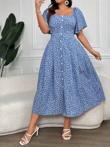 Pretty and Ole Robe d'été boho pour femme avec col carré boutonné, imprimé floral délicat, grande taille - Bleu azur - Voir 5