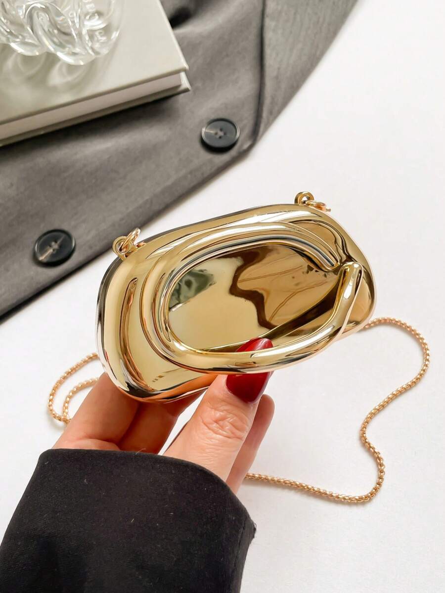 Mini Fashionable Versatile Solid Color New Chain Shoulder Bag, Casual Minimalist Asymmetrical Small Handbag For Women, Suitable For Clutch, Cosmetic, Earphone, Gift Box , Valentines Gifts, Wedding, Party Bags, Graduation - 金色 - 查看 1