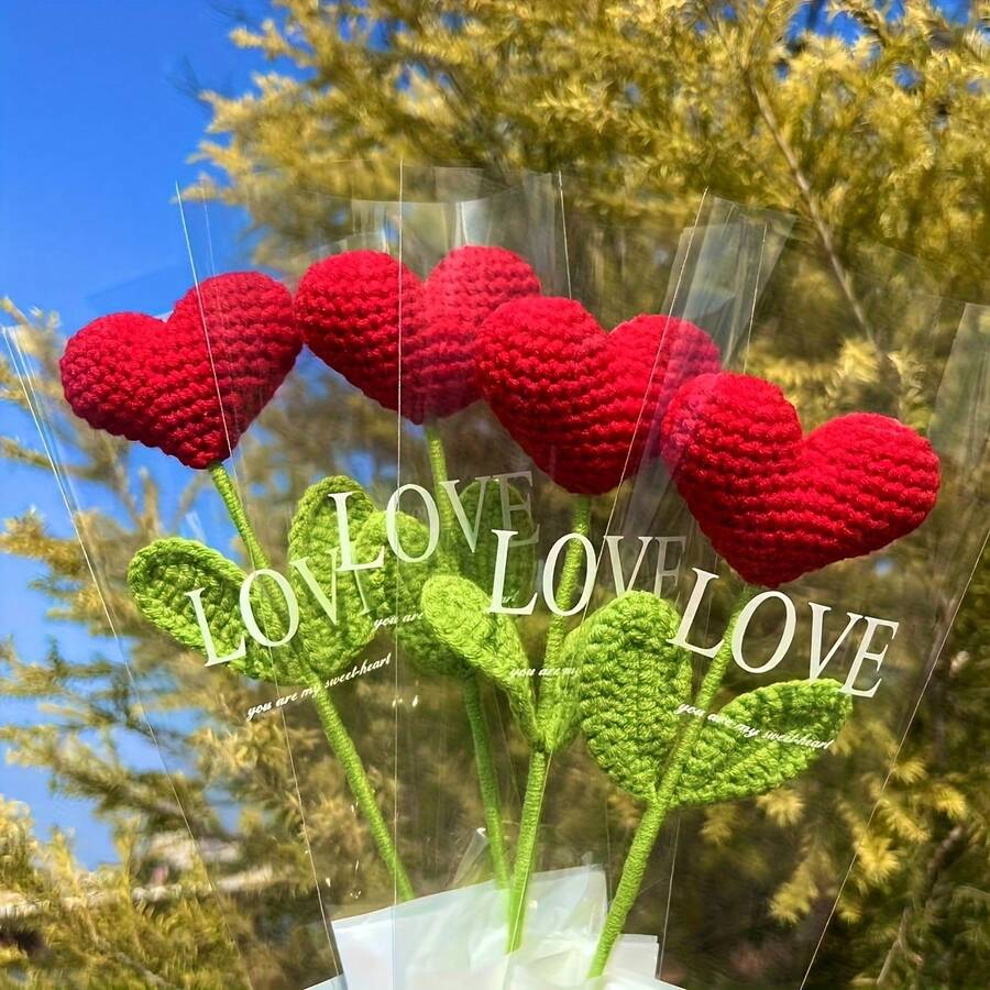 2pcs Handmade Crochet Heart Shaped Flower Bouquet With Green Stems - Red And Green Crochet Flowers, Suitable For Valentine's Day, Mother's Day And Other Occasions