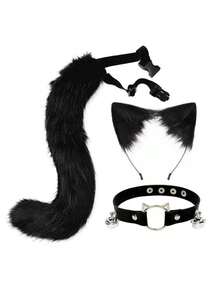 三件套猫咪服装套装，包括猫耳朵、毛绒尾巴、手工毛绒头箍，适合万圣节、情人节、复活节等节日派对，猫咪服装配饰套装，新年、情人节、新年派对服装、亲密服装、女士节日派对拍照道具等，是送给朋友、家人和同事的绝佳礼物（注意：由于运输原因，产品可能存在轻微掉毛，请在购买前仔细考虑）。