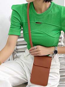 Women's Chic Cell Phone Crossbody Purse - Solid Color Mini Shoulder Bag With Adjustable Strap, Transparent Window & Card Slots For Shopping & Daily Use - Brown - View 2