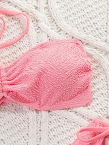 wohenmeili 女士纯色挂脖系带性感比基尼泳衣套装，含罩衫和裙子，夏季海滩装 - 粉色 - 查看 6