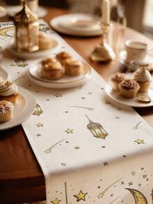 1pc Ramadan Crescent Moon Pattern Table Runner, Ramadan Home Decor Table Runner, Islamic Home Decor, 1pc Table Runner, 4pcs Placemats, 1pc Cushion Cover, 3 Products Available, Home Decor Indoor/Outdoor Party Supplies, Room Decoration. Suitable For Ramadan Home Kitchen Decor And Ramadan Event Party Decoration - Multicolor - View 2