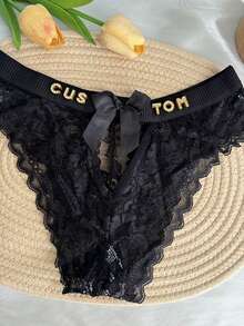 1pc Customized Women's Panties, Personalized Crystal Letter Name Underwear, Sexy Lace Breathable Bikini Briefs, Waistband Bow Hollow Sexy Low-Rise V-Shape Panties, DIY Shiny Crystal Letter Name, Date Anniversary Panties, Customized Wedding Gift, Bridal Underwear, Anniversary Gift, Valentine's Day Gift, Birthday Gift, Wedding Gift, Gift For Her/Girlfriend/Wife - Black - View 3