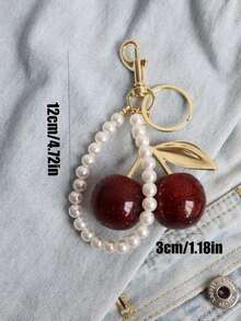 1pc Unique Crystal Resin Cherry Shaped Alloy Customizable C-Shaped Keychain, Suitable For Women's Wallets And Bags, Ideal Gift For Valentine's Day For Family, Friends And Couples, Creative Cherry Pendant Bag Charm Pearl Chain Car Key Chain, Best Gift Choice For Friends - Multicolor - View 5
