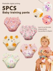 5pcs Baby Reusable Printed Potty Training Pants, Boys & Girls Infant Toilet Training Underwear, Washable