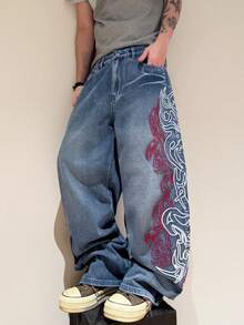 1pc Infinite Jeans Hong Kong Style High Street 3D Embroidery Floral Fashion Versatile Men's Washed Loose Wide Leg Jeans (Product Does Not Include Belt And Accessories) - Medium Wash - View 3
